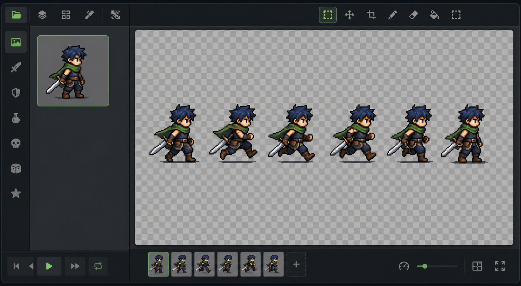 Saved pixel art character selected for an AI-generated sprite animation preview