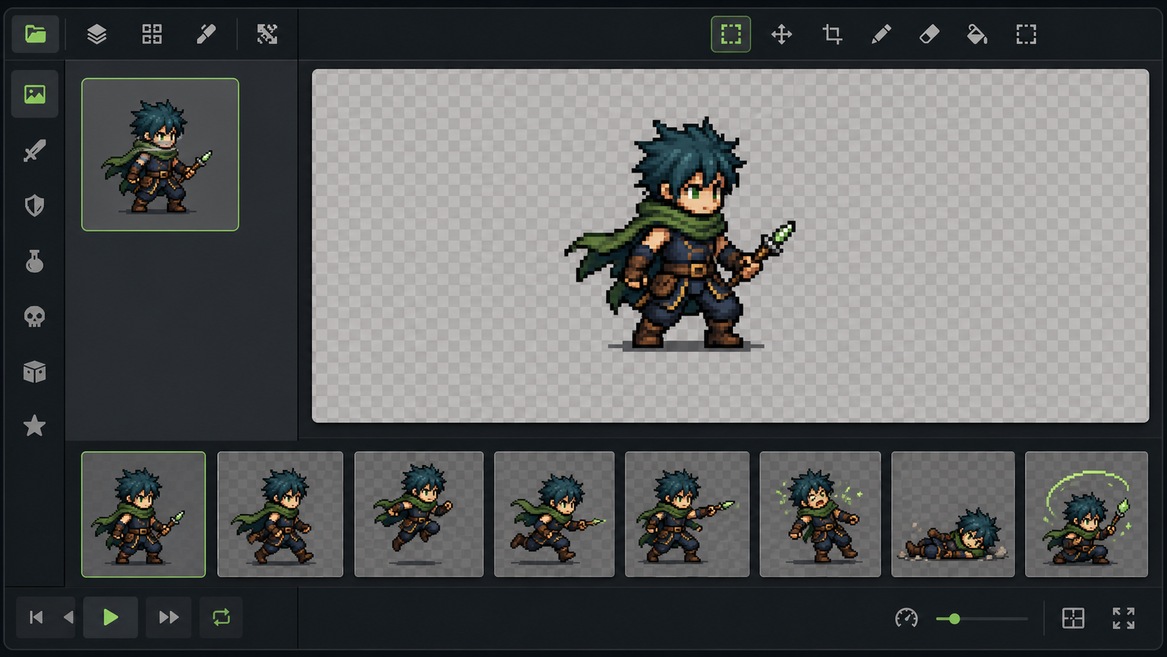 Pixel art character previews for eight supported animation actions