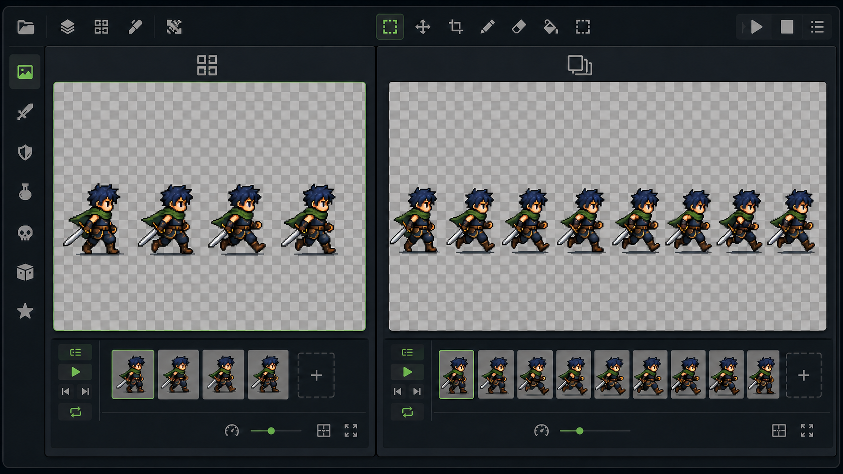 Standard and Advanced pixel art animation sequences shown side by side