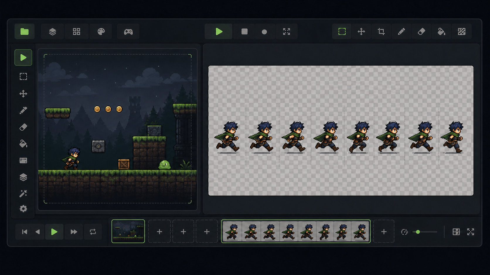 Indie game hero shown as a pixel art run animation draft