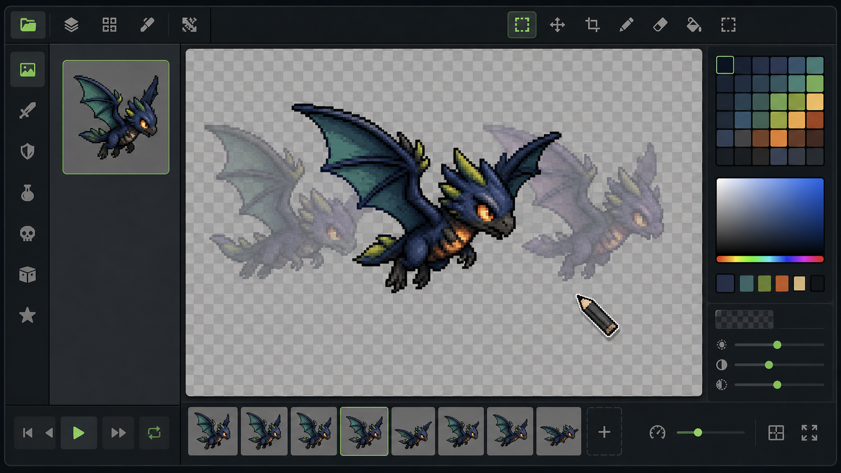Pixel artist inspecting an AI-generated flying creature animation frame sequence