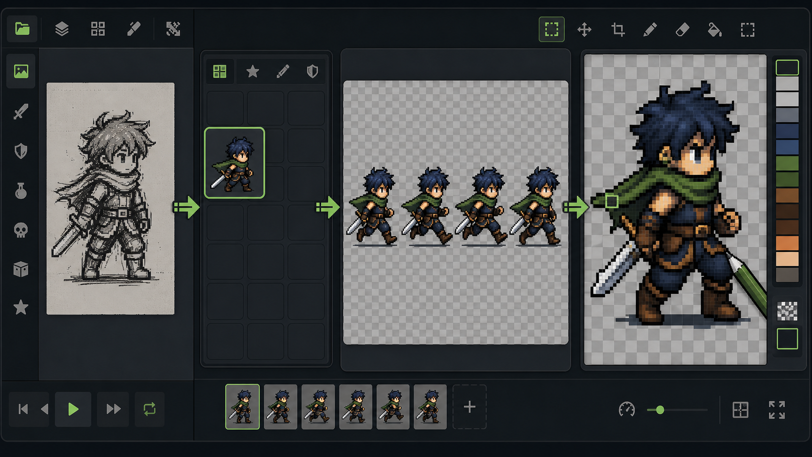 Connected workflow from saved character sprite to animation preview and editing