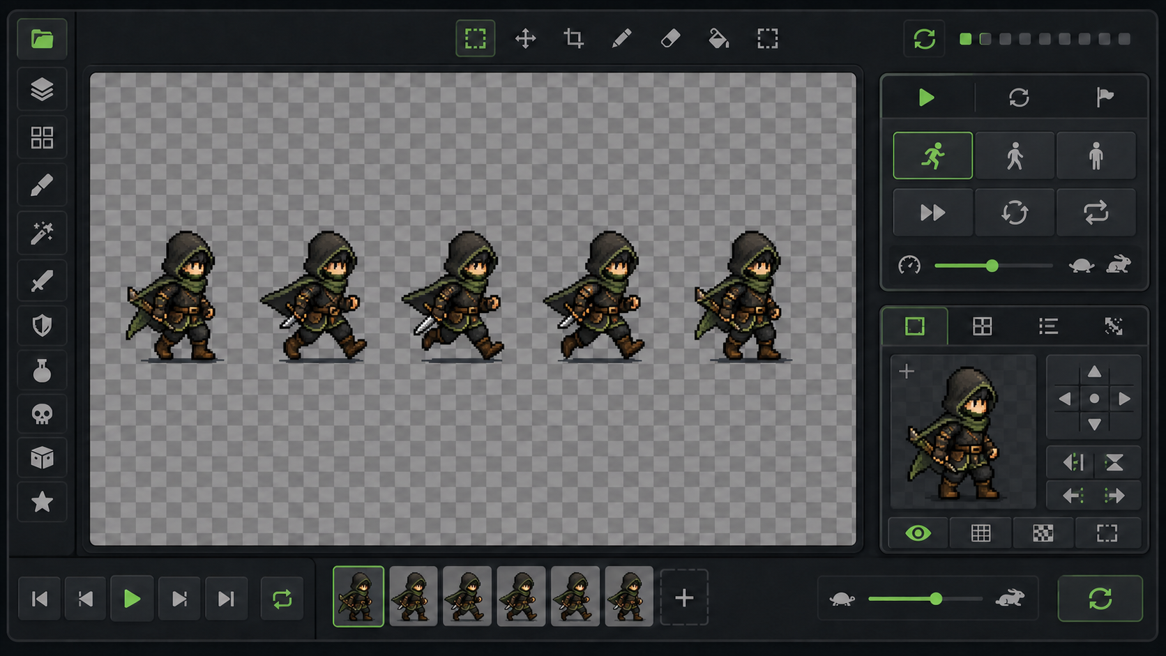 Action mode and frame controls for a pixel art character animation
