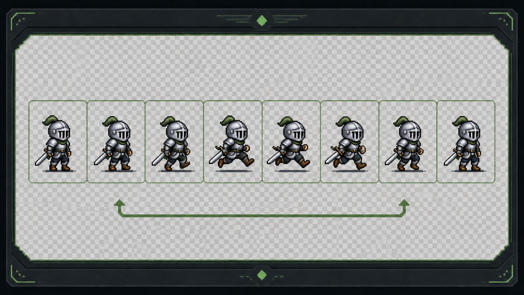 Pixel art animation quality review with frame boundaries and loop preview