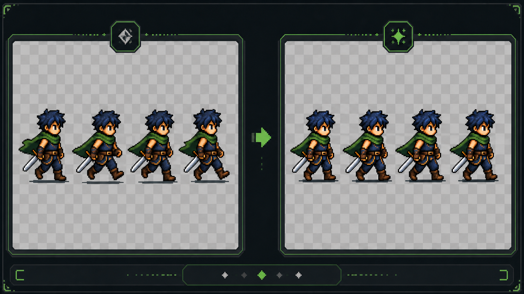 Generated pixel art motion draft compared with a refined animation sequence