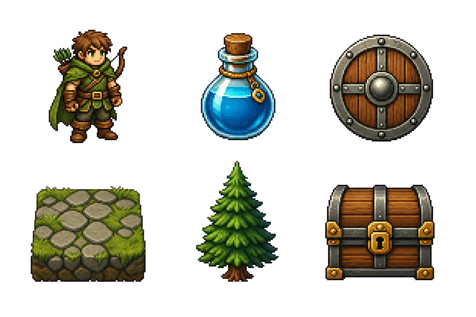 AI-generated game sprites including an adventurer, potion, shield, ground tile, pine tree and treasure chest