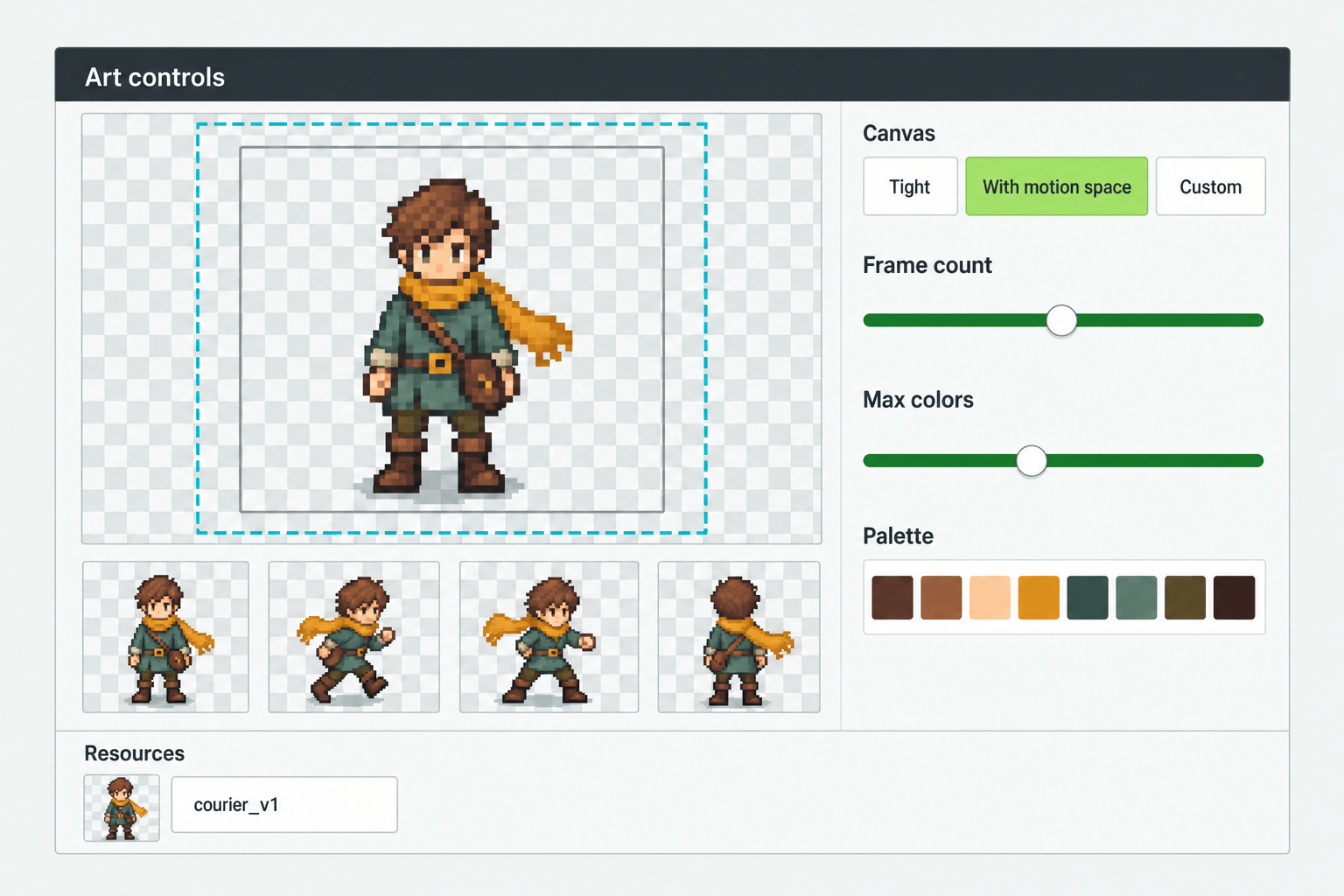 Illustration of canvas, frame count and color controls beside a pixel character and motion frames.