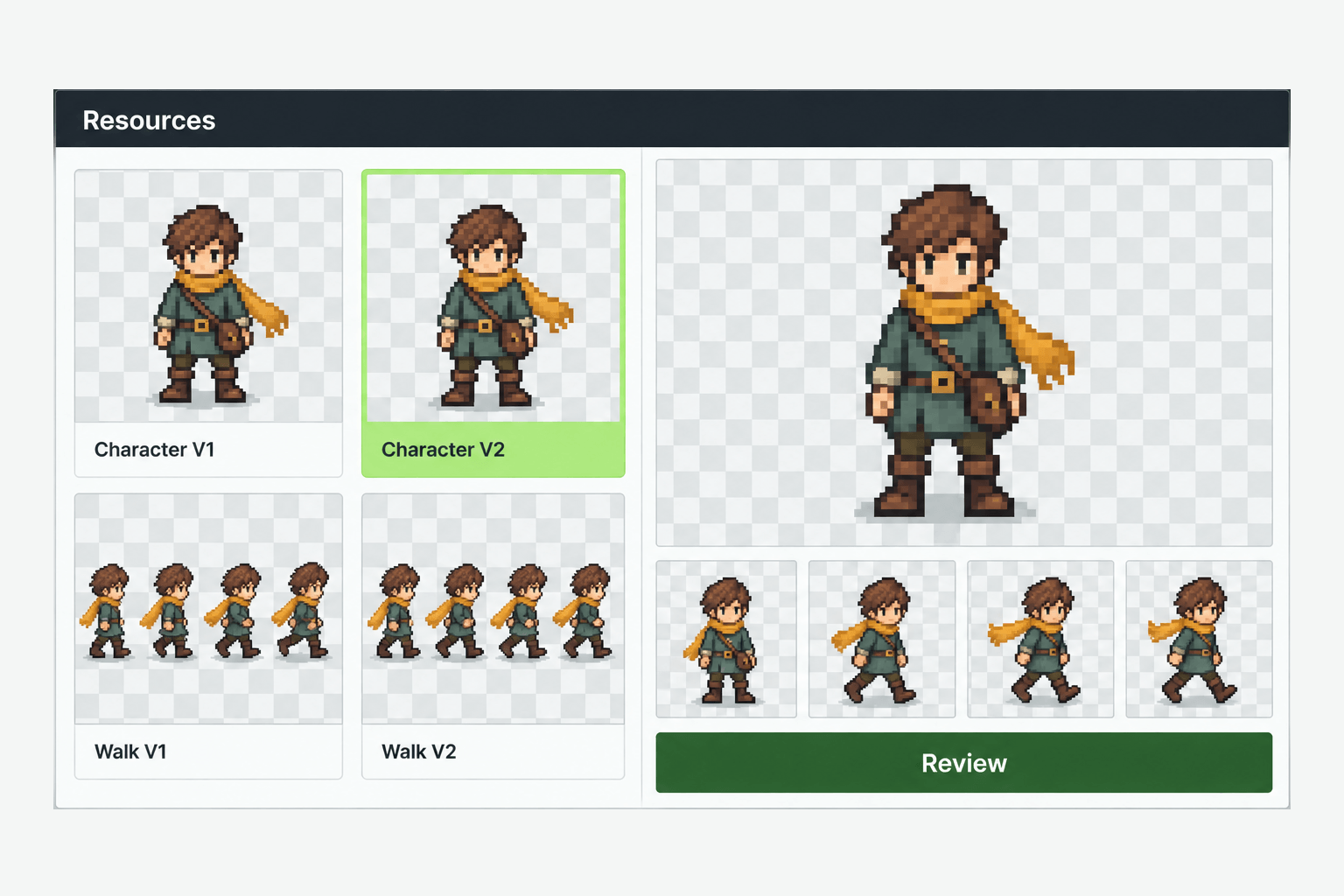 Illustration of a Resources gallery with character and walk variations beside a larger preview.