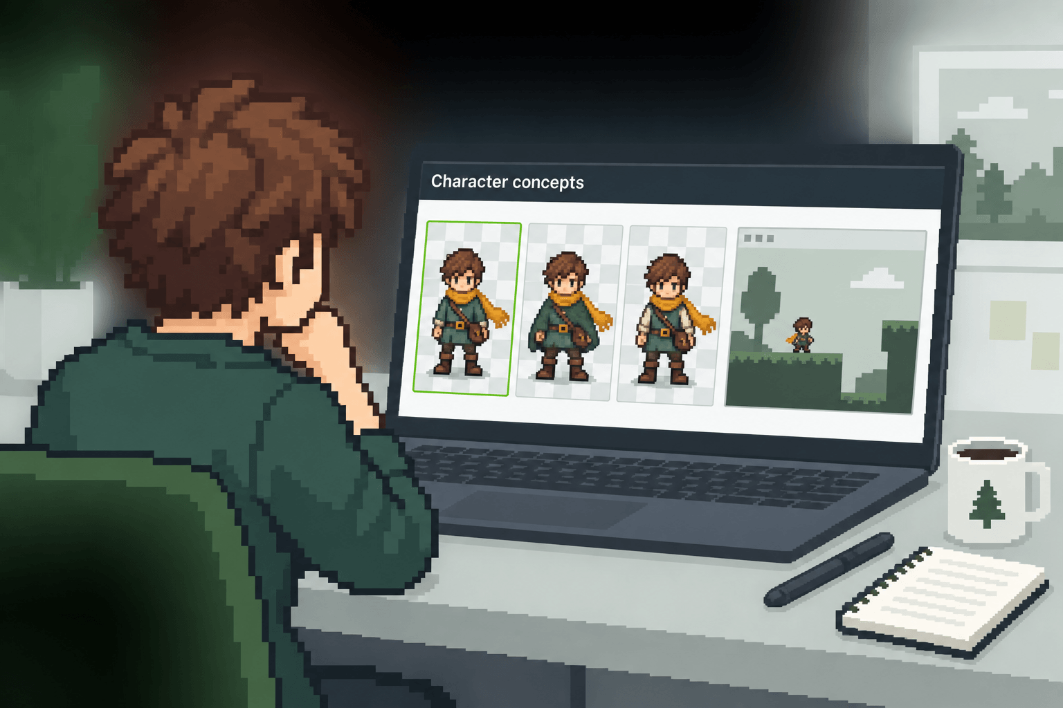 Pixel art illustration of a solo developer comparing three character concepts on a laptop.
