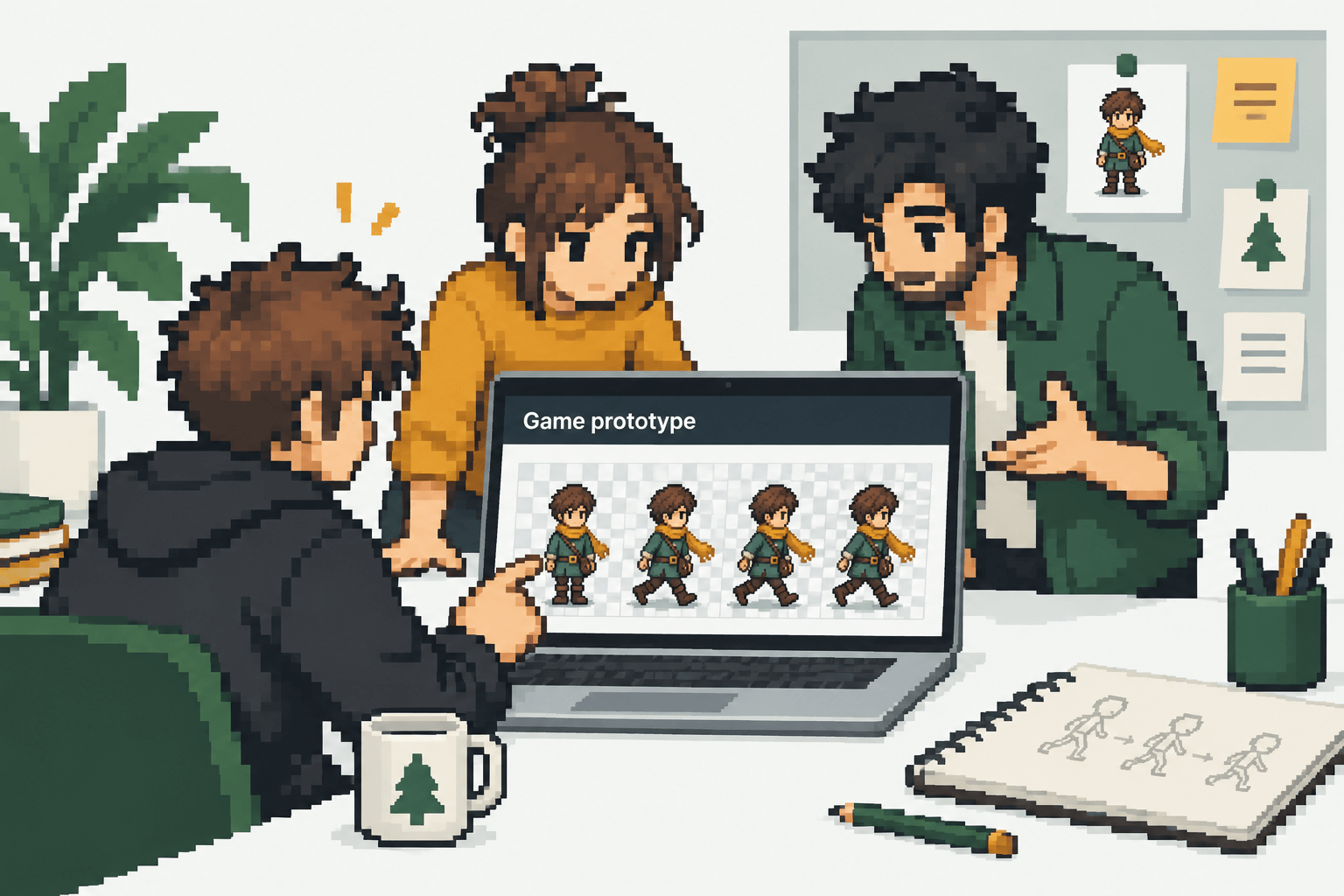 Pixel art illustration of a Game Jam team reviewing a character and walk sequence.