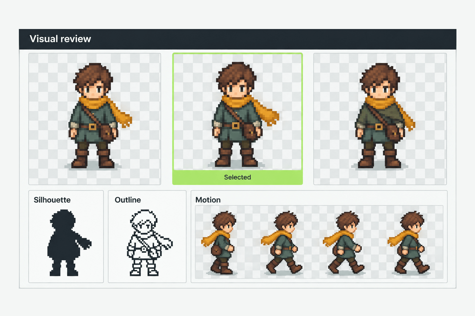 Illustrated visual review board with courier variants, silhouette notes and motion frames.