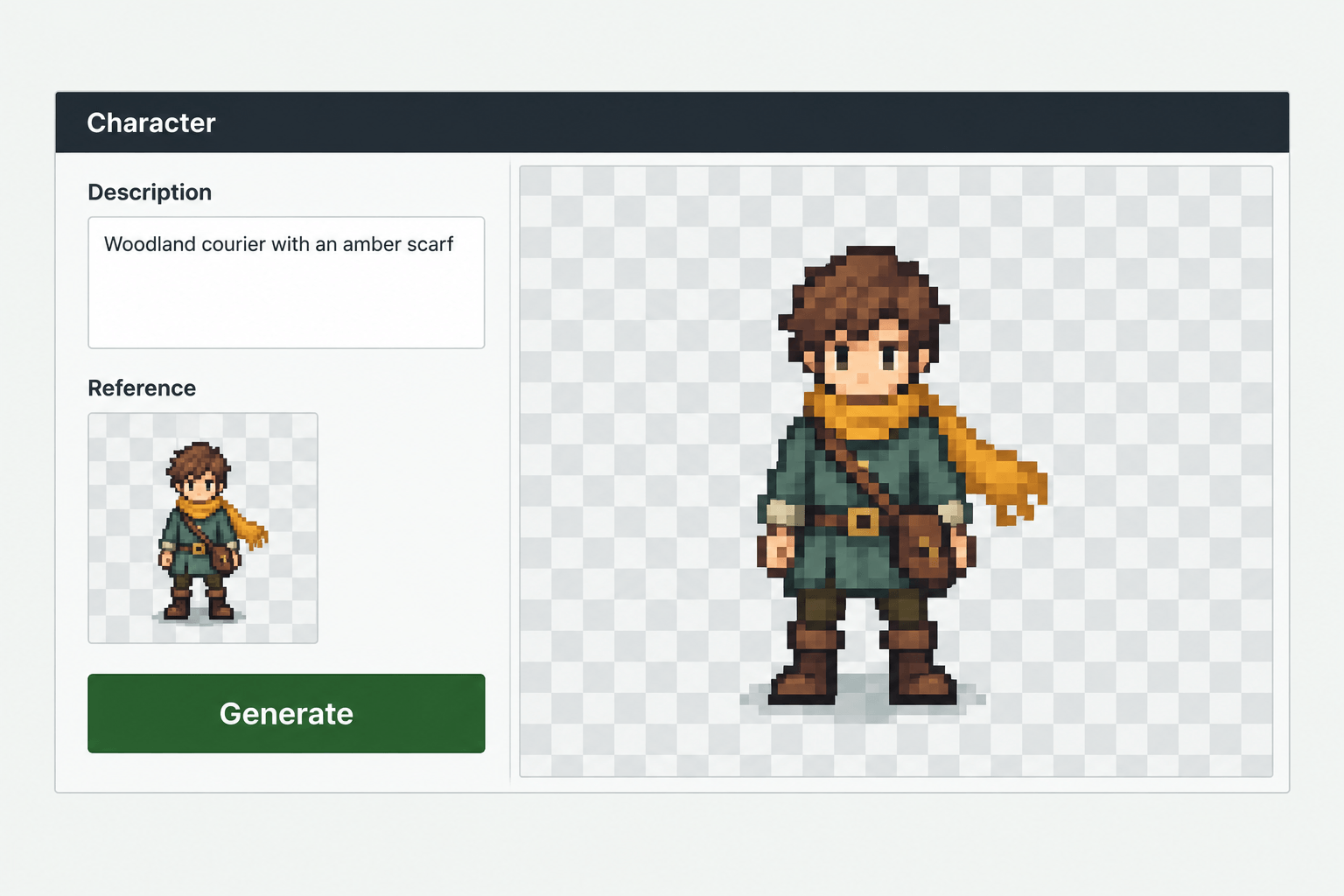 Illustration of a text prompt and reference image beside a pixel art courier sprite.