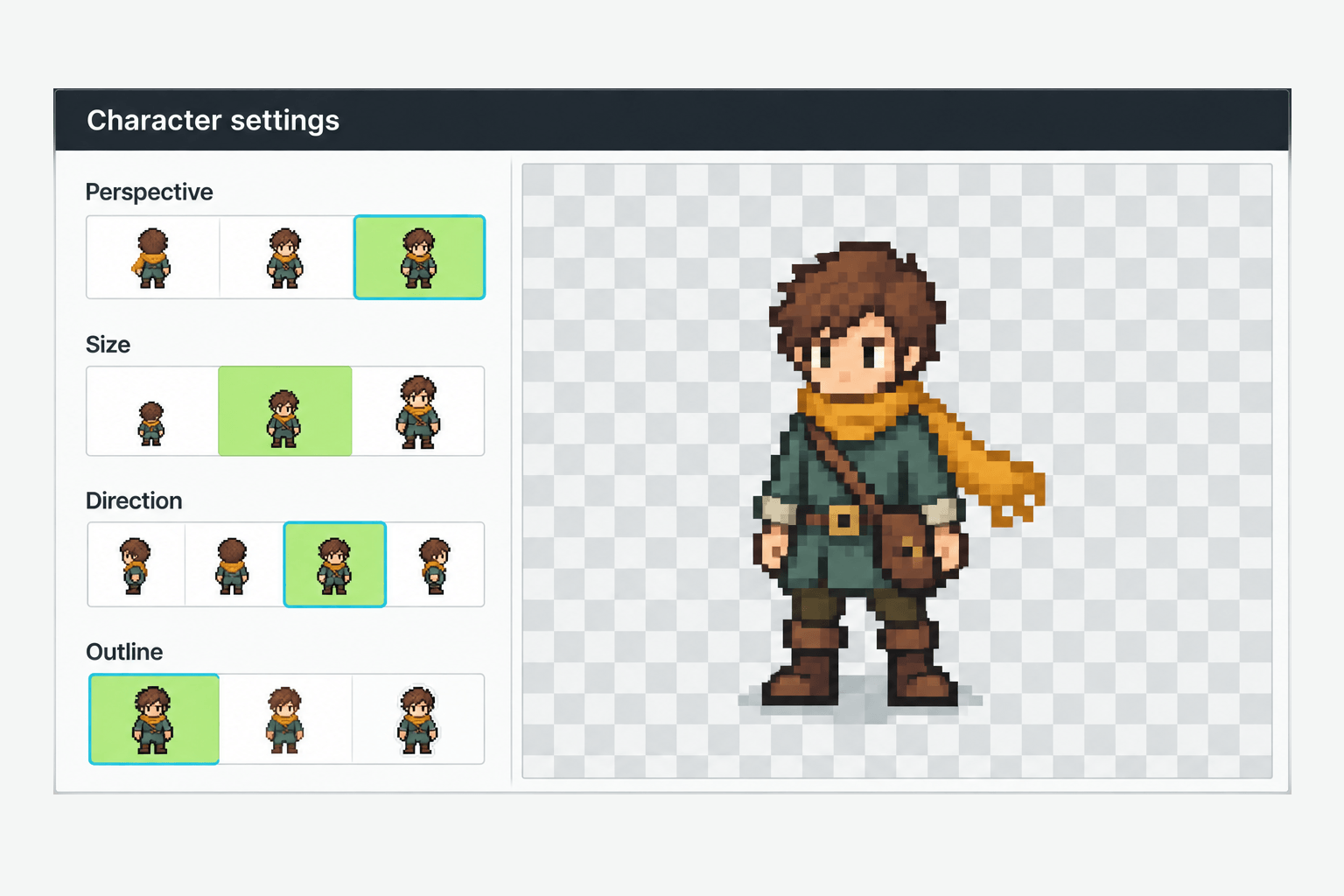 Illustration of perspective, size, direction and outline controls beside a pixel art courier.