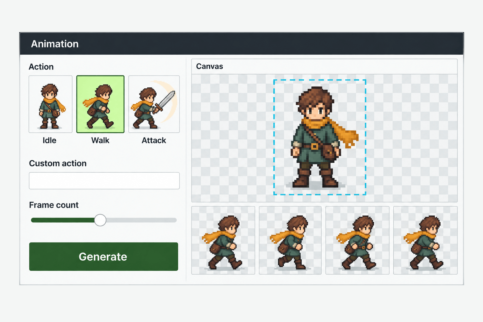 Illustration of action selection, frame count and canvas space for a courier walk sequence.