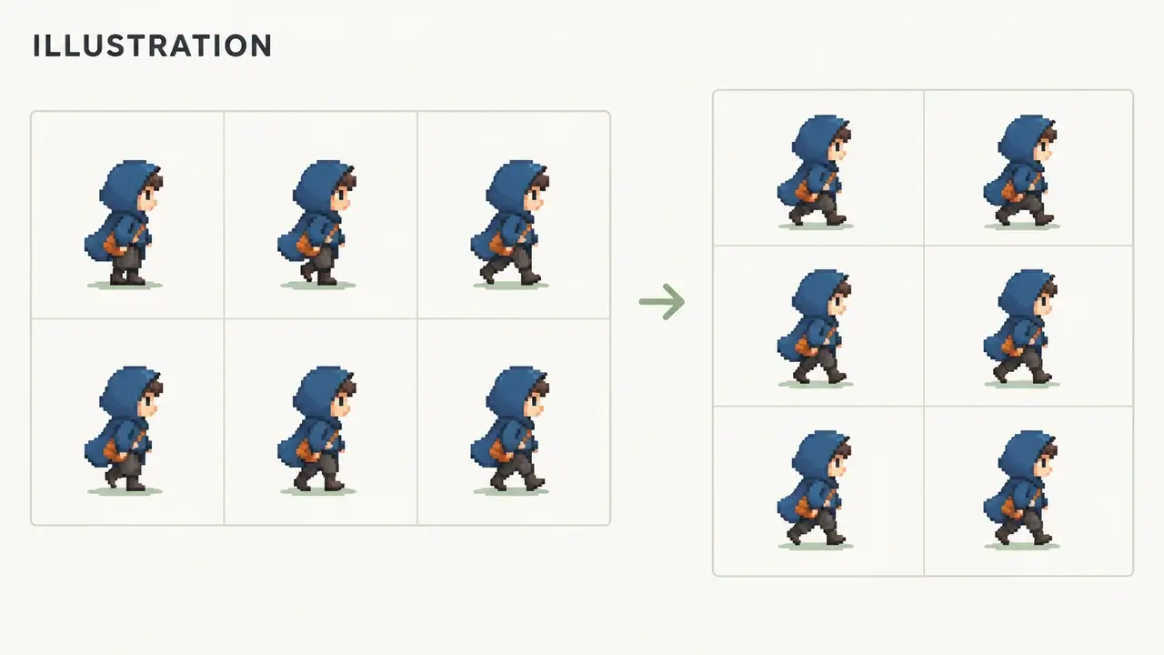 Illustration of an original blue courier in two different sprite grid layouts.
