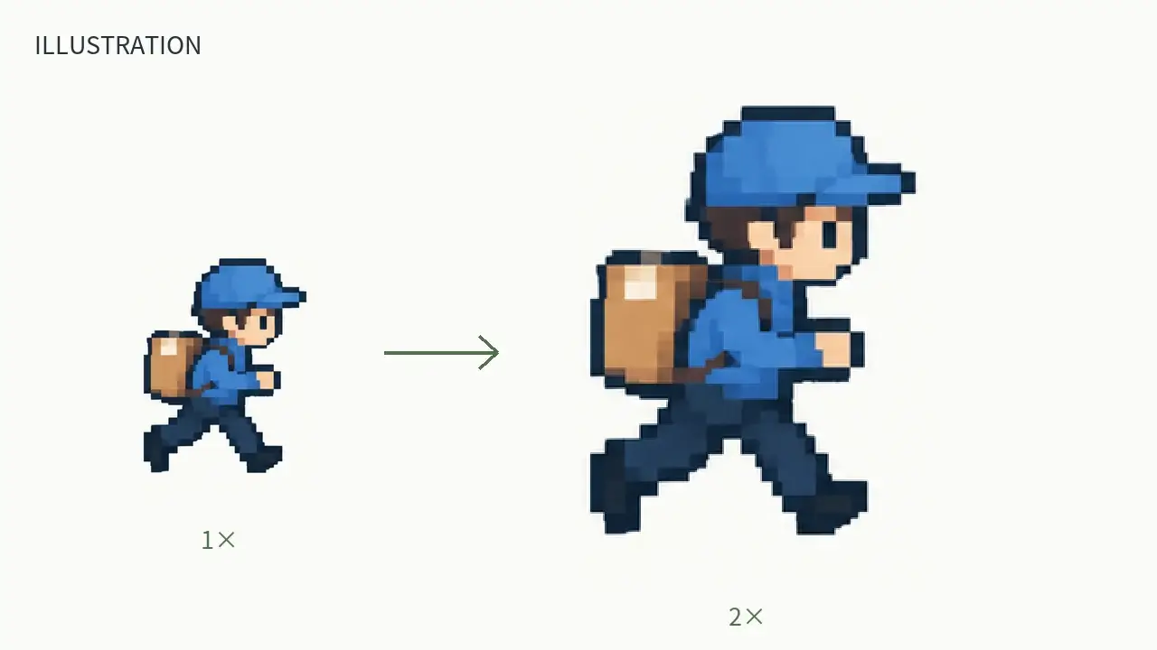 Illustration of the same original sprite shown at two display sizes.