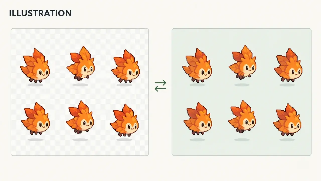 Illustration of a sprite grid viewed against checkerboard and solid backgrounds.