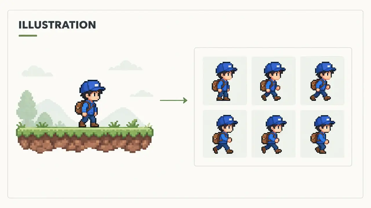 Illustration of an original courier sprite sheet beside a small game prototype.