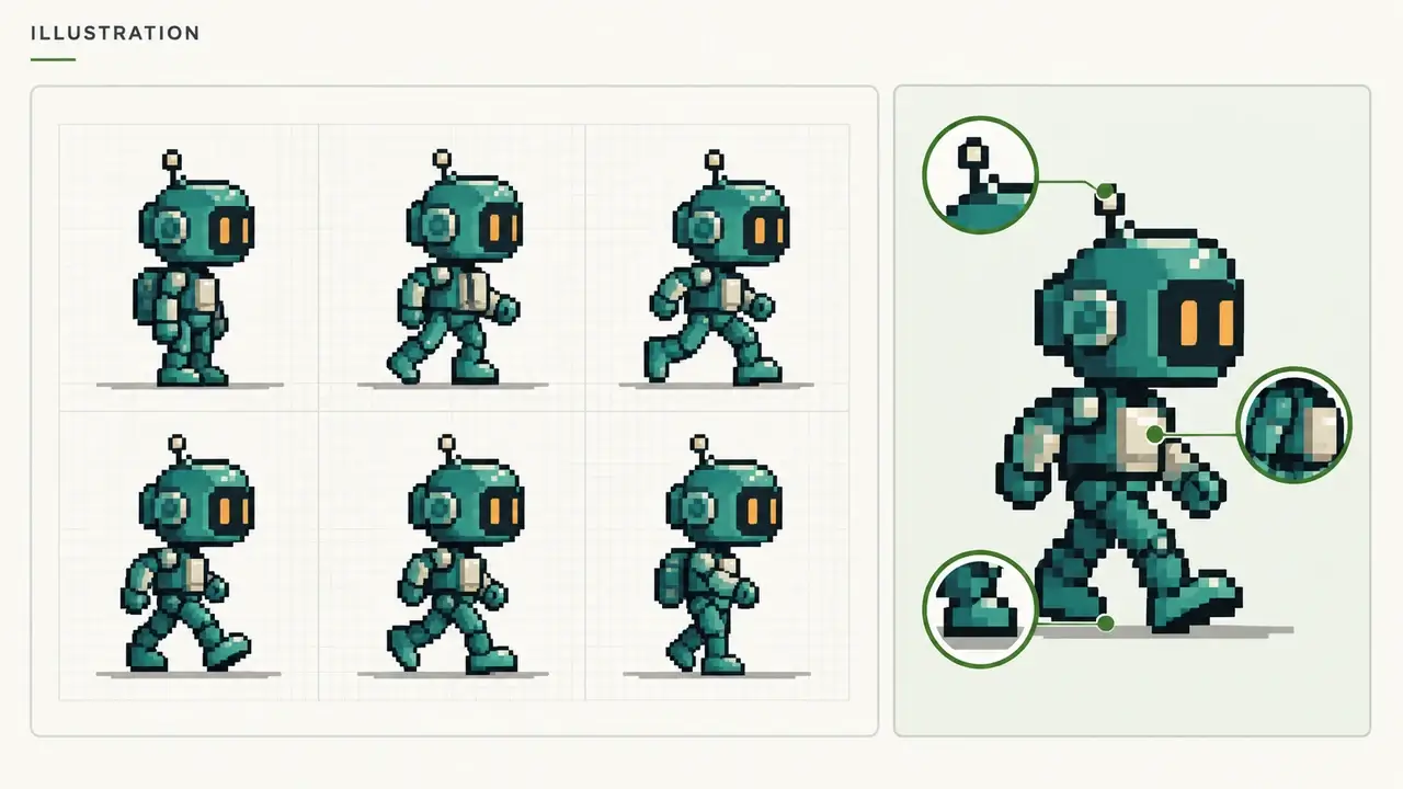 Illustration of six original teal robot poses with foot baselines and enlarged detail views.