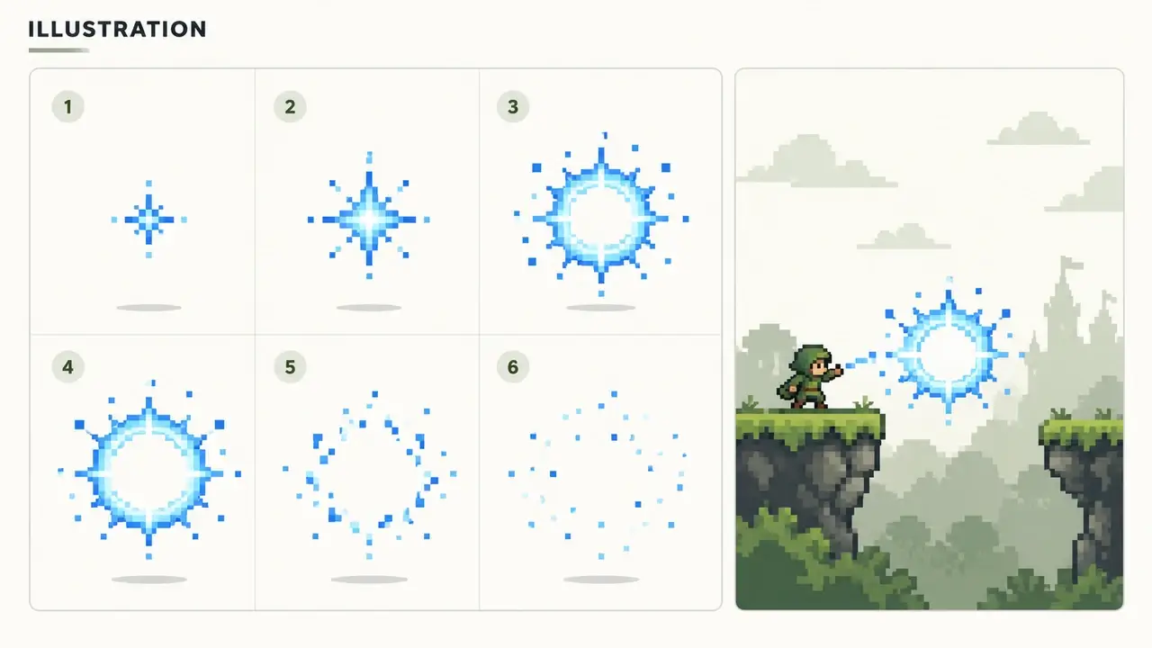 Illustration of six blue spark effect frames arranged beside a simple game scene.