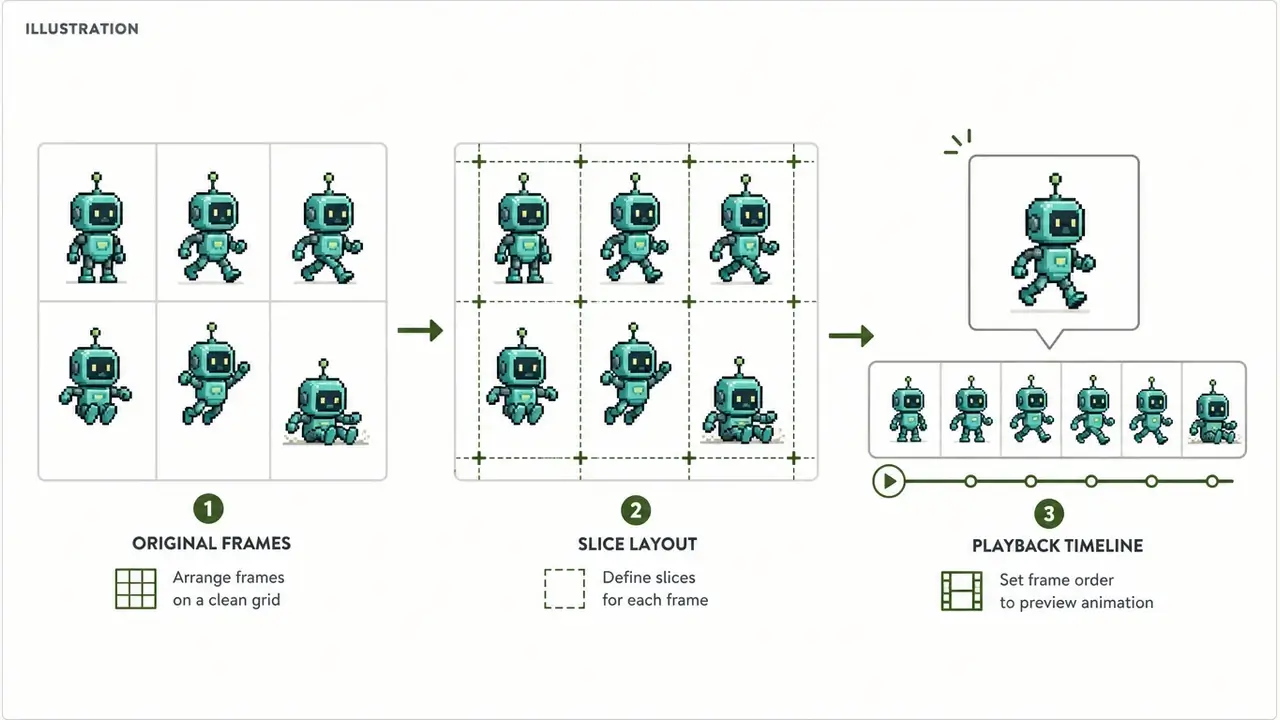 Illustration showing a sprite grid, slicing guides, and a separate playback timeline.
