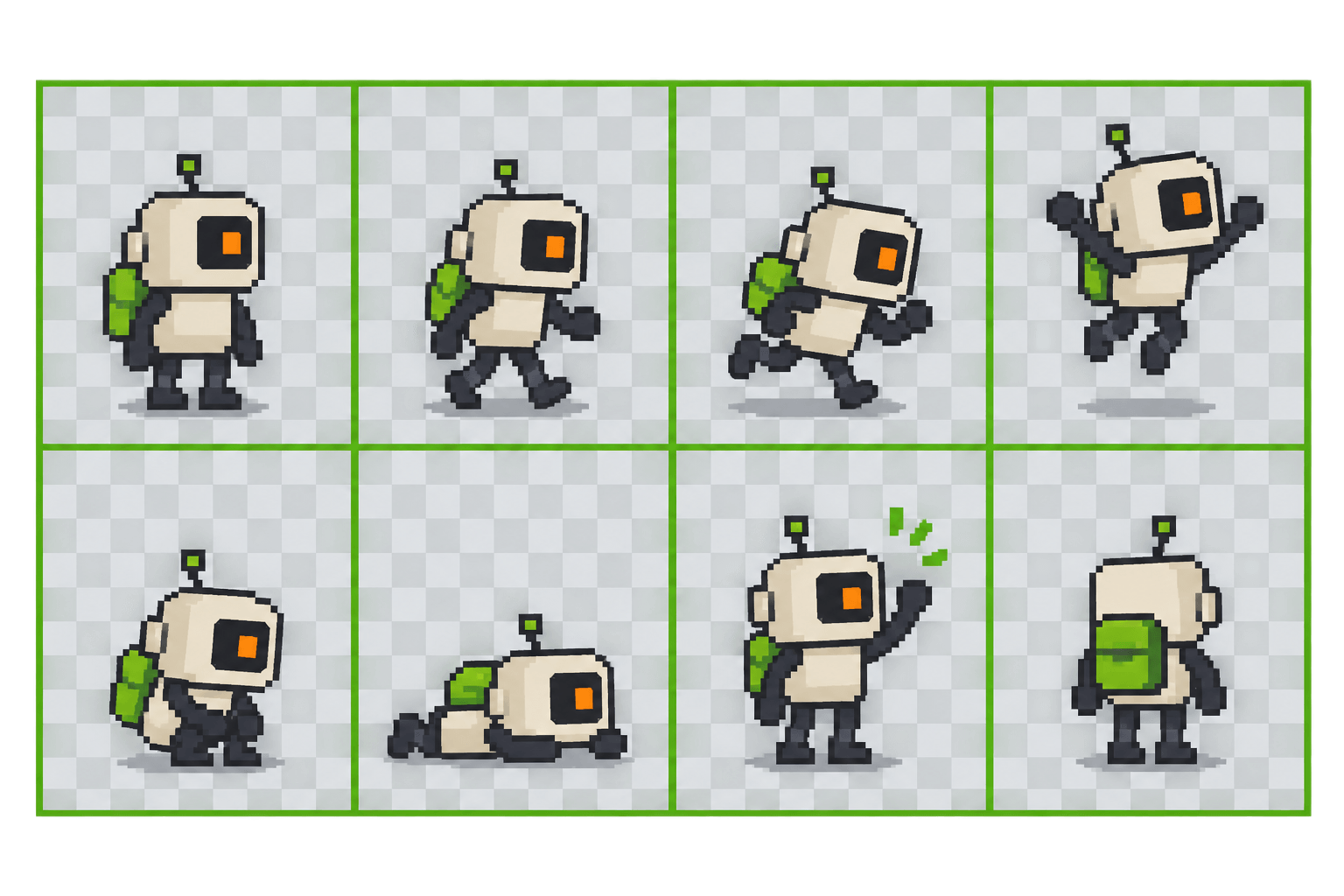 Sprite sheet to GIF illustration of a robot frame grid