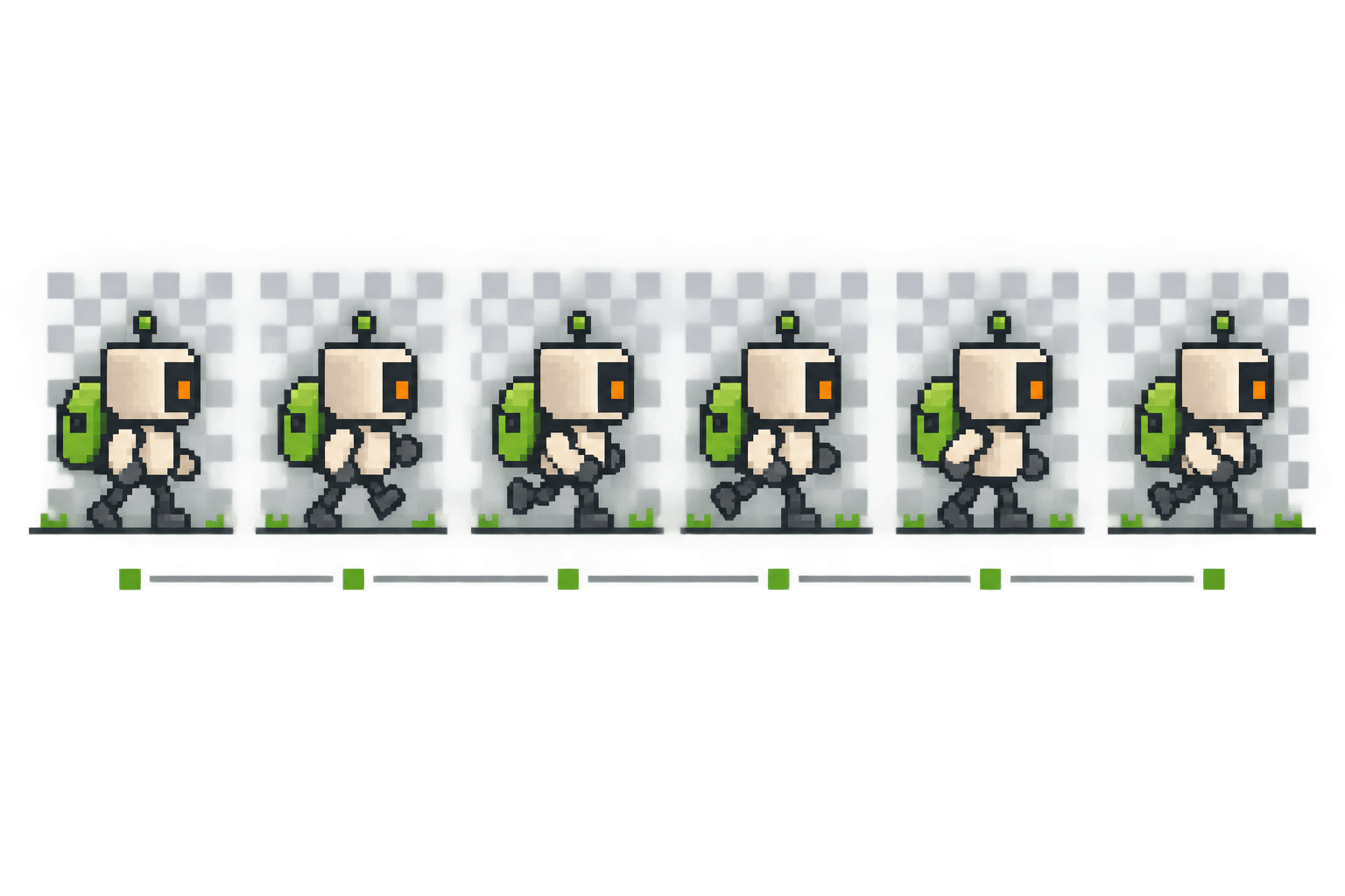 Sprite sheet to GIF timing illustration with walking robot poses