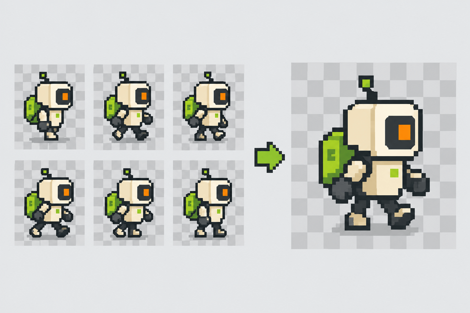 Sprite sheet to GIF illustration pairing a grid and robot preview