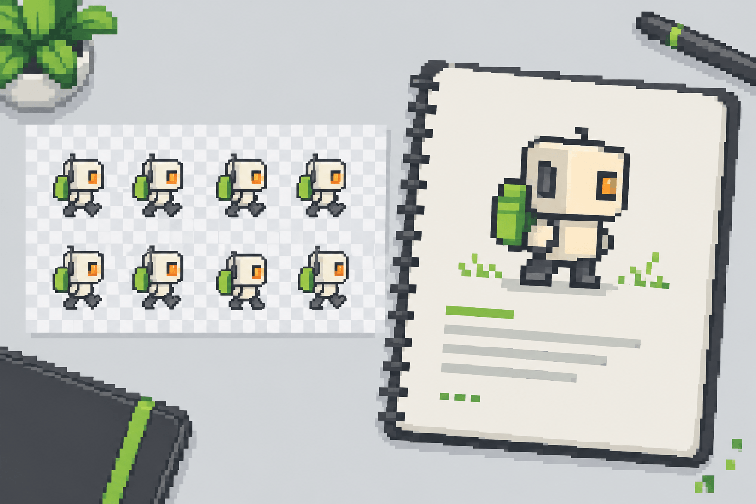 Sprite sheet to GIF example beside a development journal