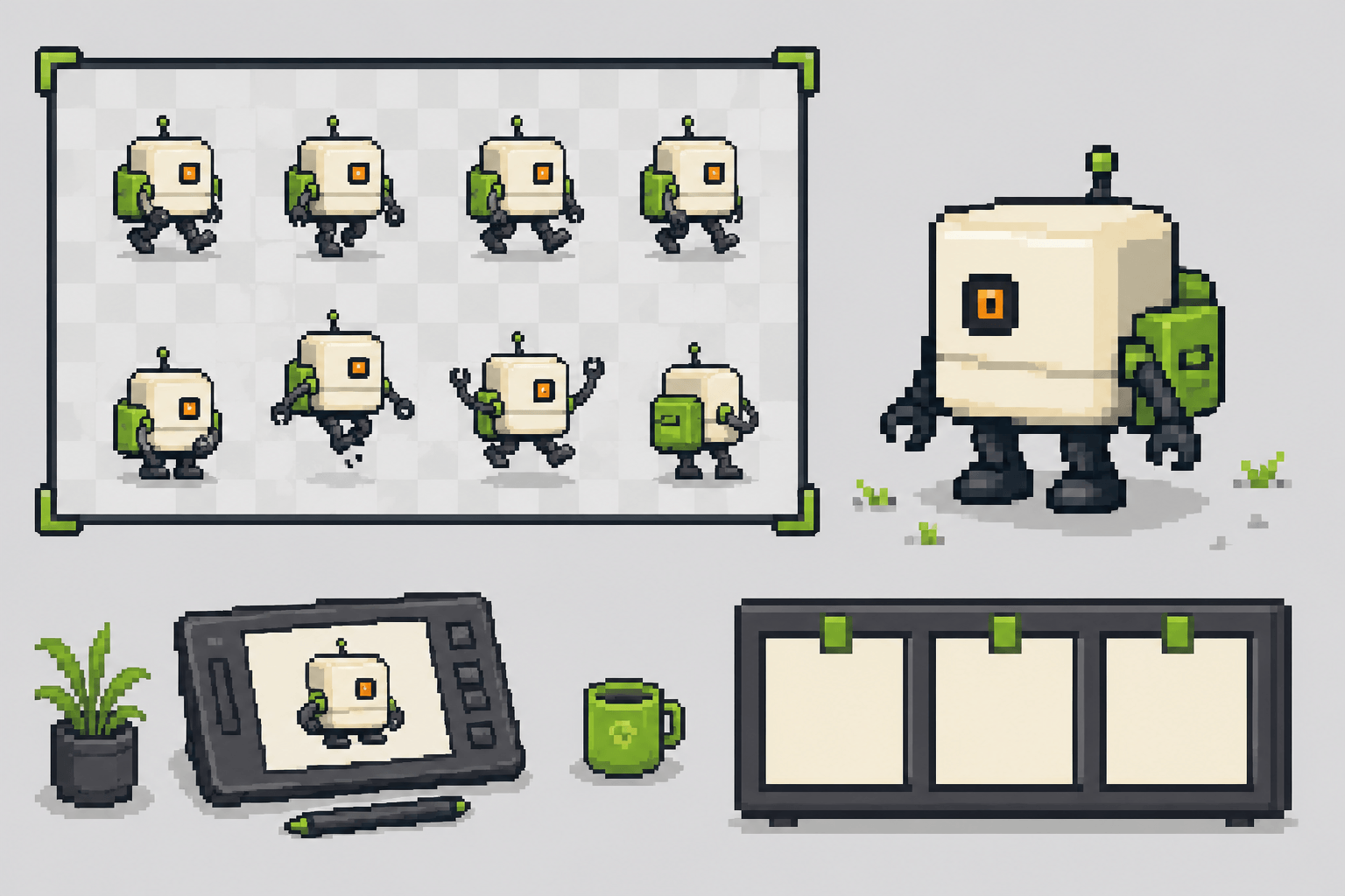 Sprite sheet to GIF example beside a game jam board