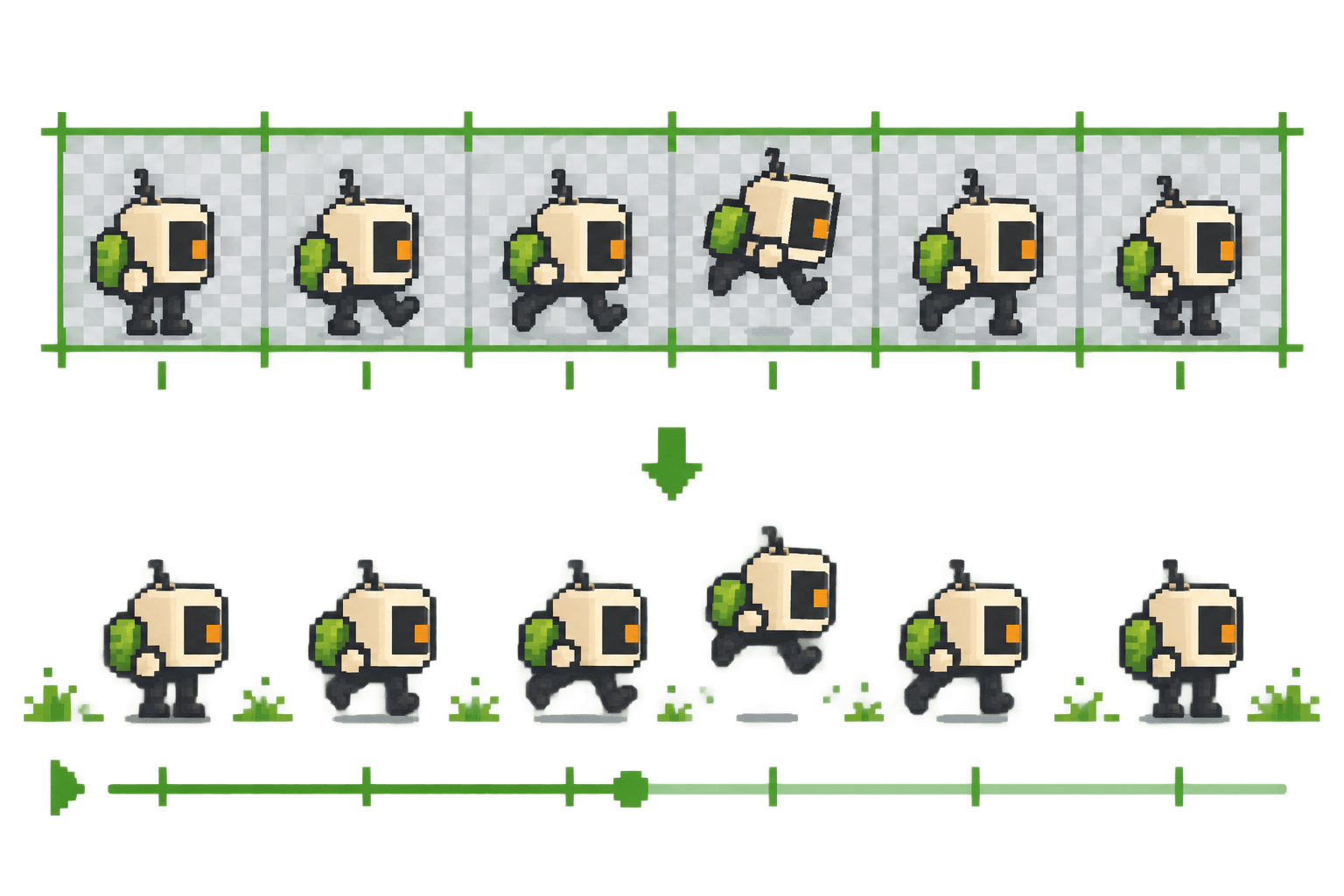 Sprite sheet to GIF illustration with green adjustment markers