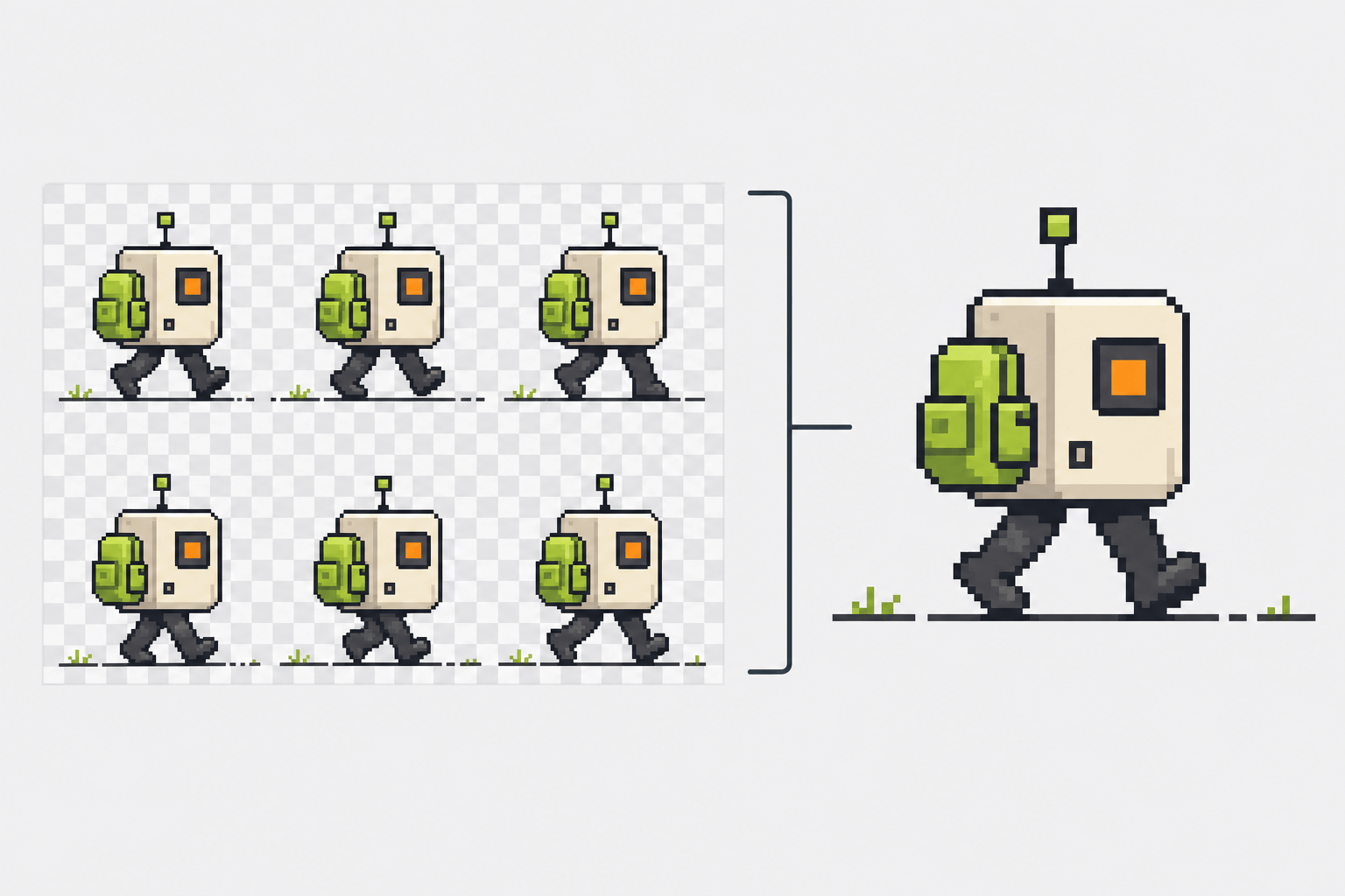 Sprite sheet to GIF illustration comparing poses and animation review