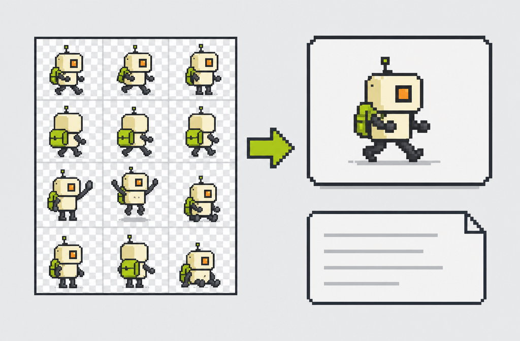 Sprite sheet to GIF illustration with a robot and message window